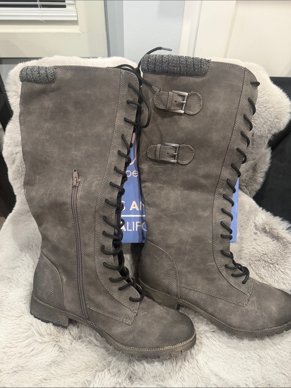 NWT Jellypop Tomi Charcoal Lace Up Riding Boots Gray Faux Suede Tall Flat Shoes - Picture 3 of 9